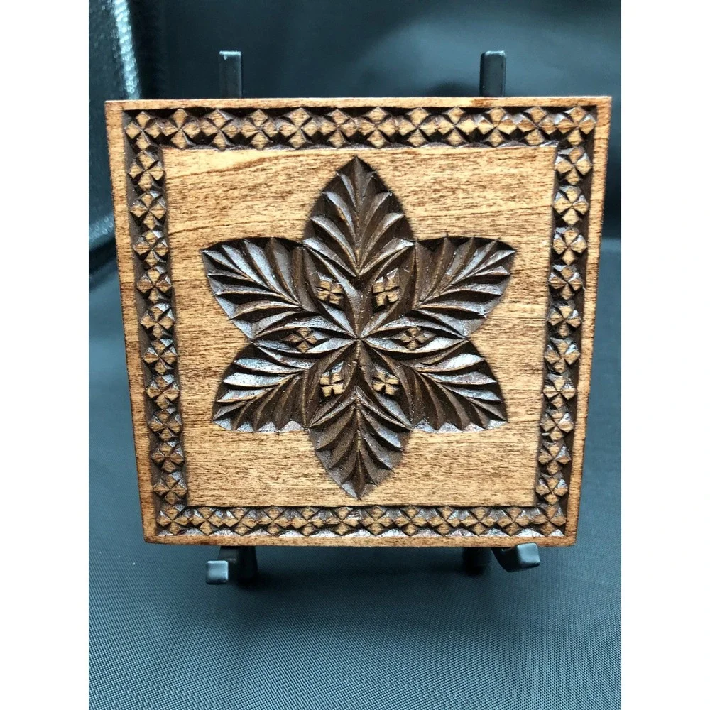 Hand Carved Artisan Wood Wall Plaque Floral Leaf Motif Square Folk Art Decor 4x4